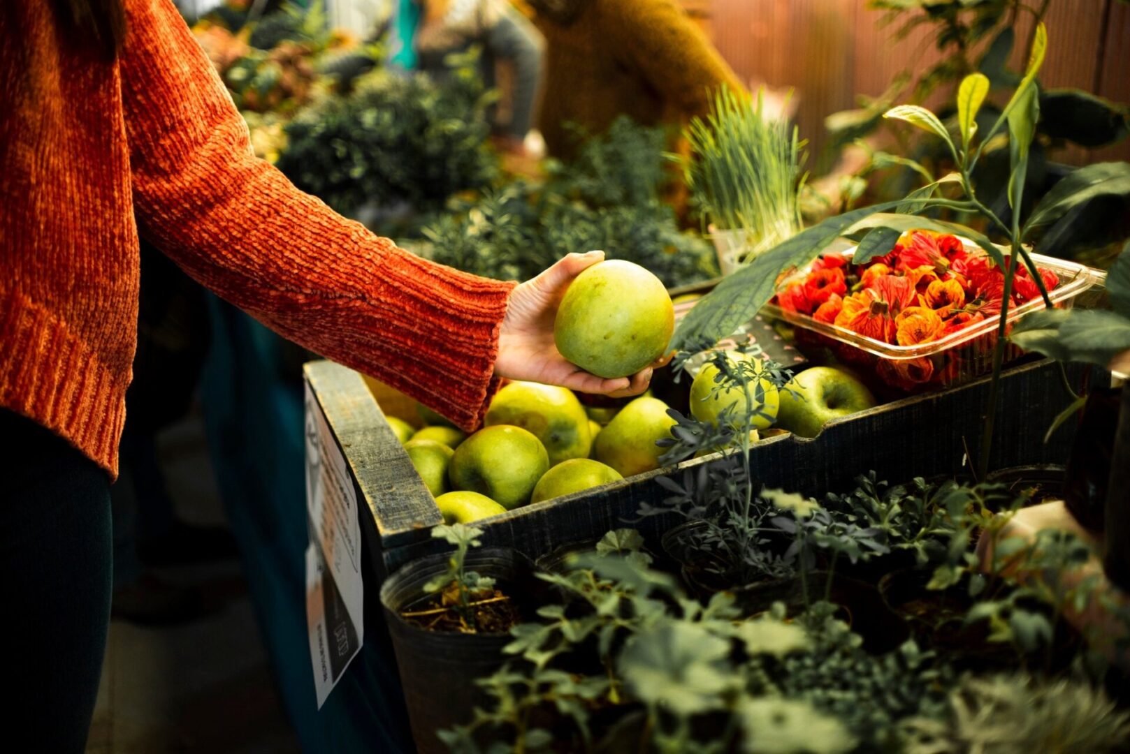Woman shopping for whole foods and holding an apple