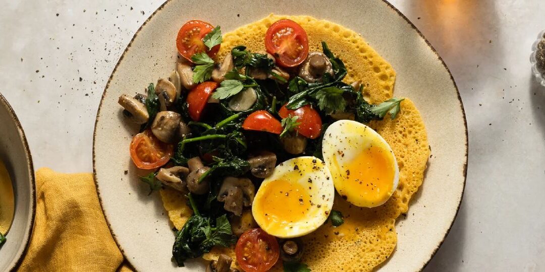 Chickpea Pancakes with Garlic Mushrooms, Spinach & Soft Boiled Eggs 