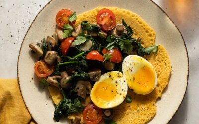 Chickpea Pancakes with Garlic Mushrooms, Spinach & Soft Boiled Eggs 
