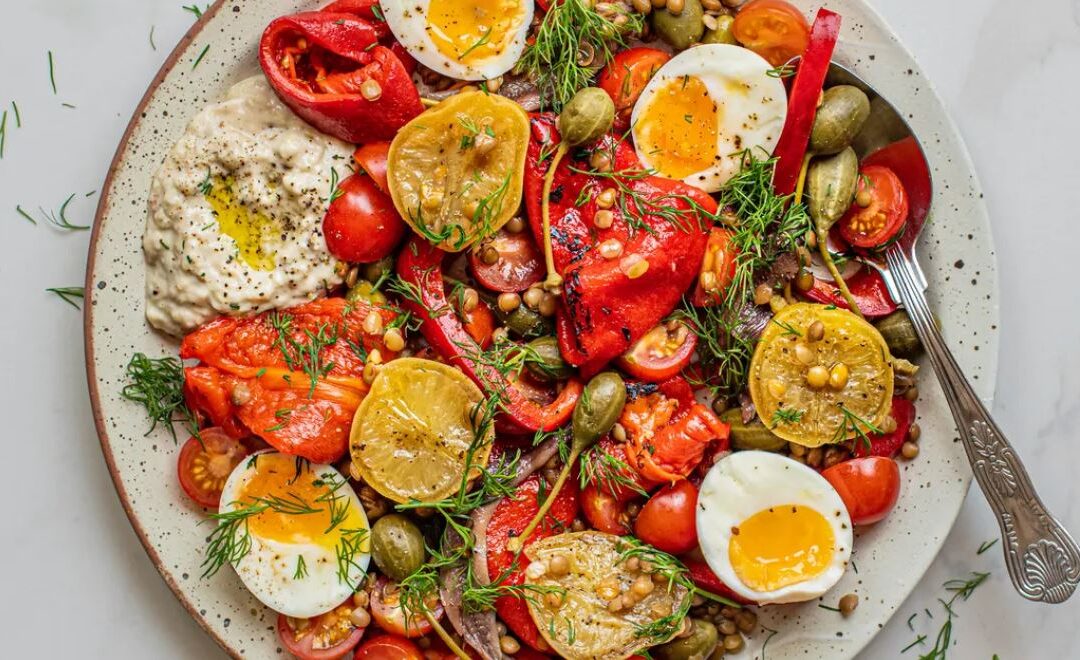 Festive Antipasti Salad with Roasted Peppers, Lemon and Puy Lentils 